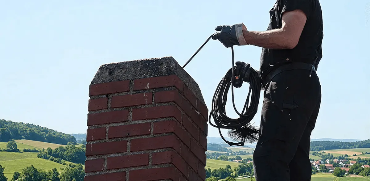 Chimney sweep inspecting and cleaning a rooftop chimney in Riverside, CA