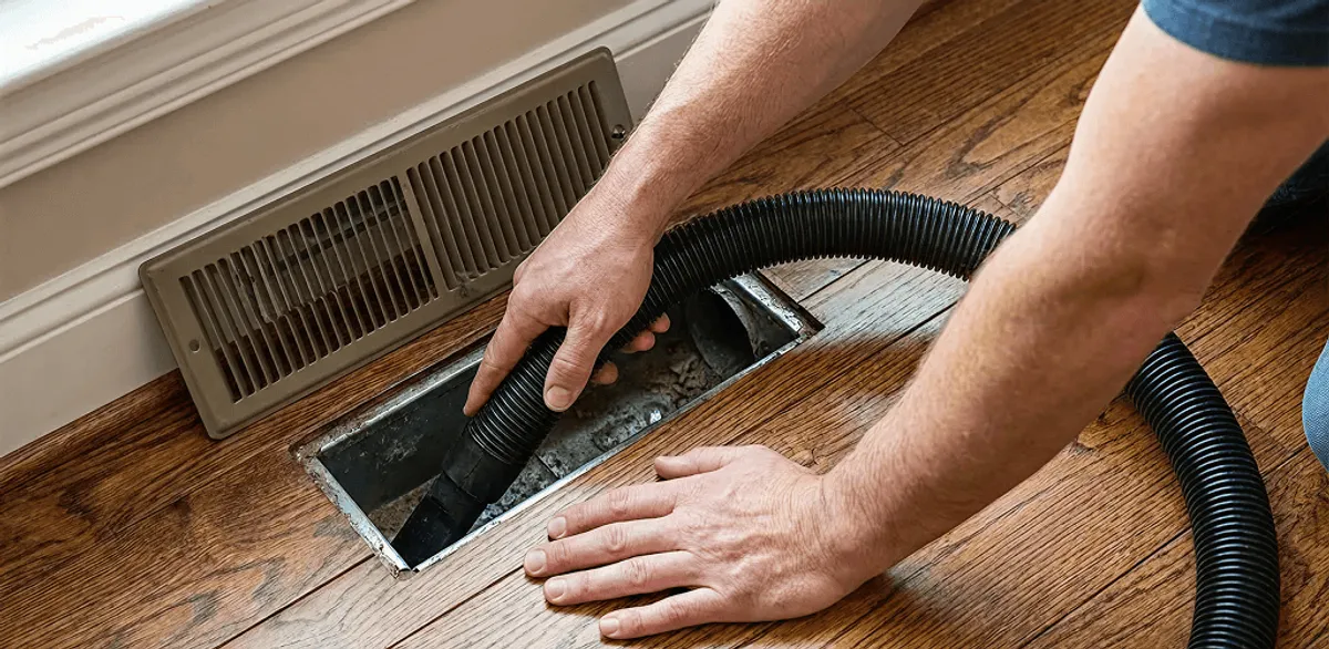 Air duct cleaning technician vacuuming a floor register and duct opening in Riverside, CA