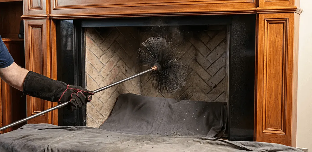 Chimney cleaning service brushing soot from a fireplace and flue in Riverside, CA
