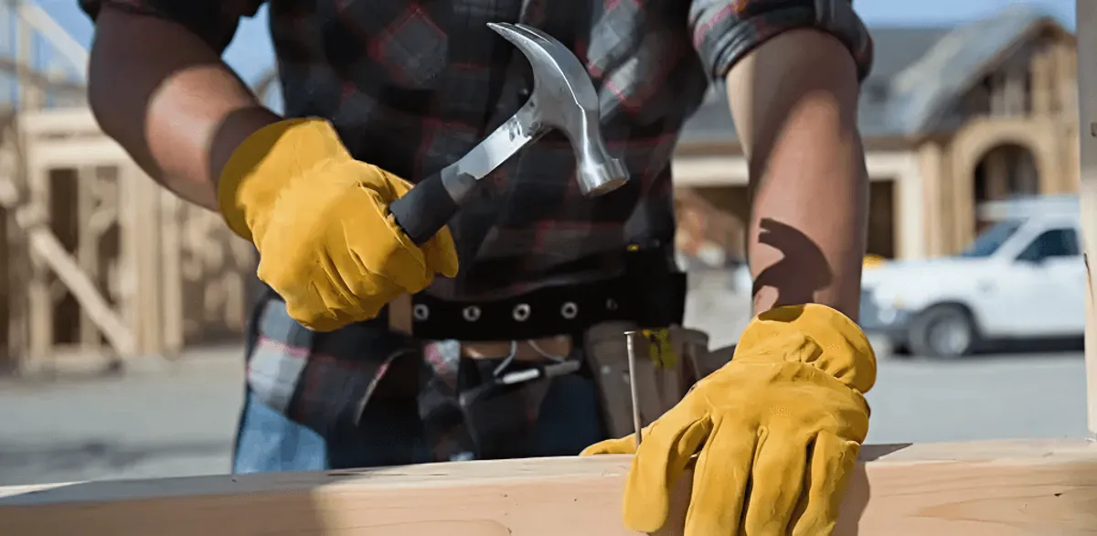 Handyman fixing wood trim with a hammer for home repairs in Riverside, CA