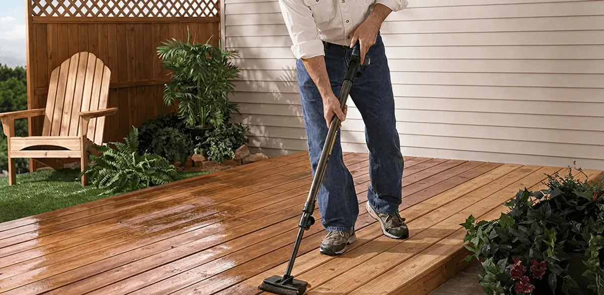 Deck staining service applying stain to a backyard wood deck in Riverside, CA